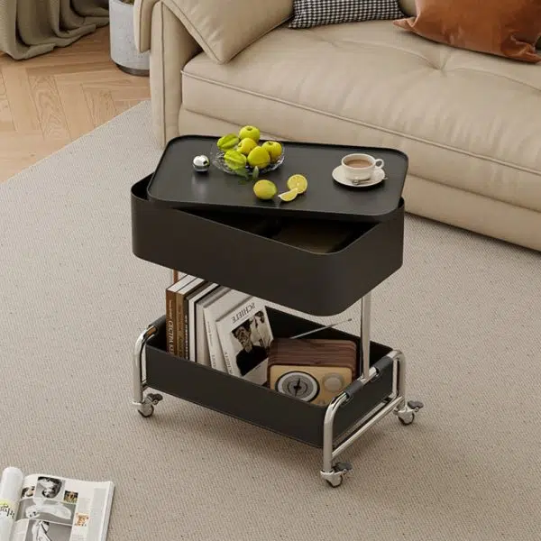 Contemporary Creative Medium-Density Fiberboard Metal Rounded Square Mobile End Table With 2 Tiers For Living Room - Image 14