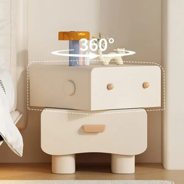 Contemporary Creative Faux Leather Solid Wood Curved Square Nightstand 2-Drawer For Bedroom - Image 14