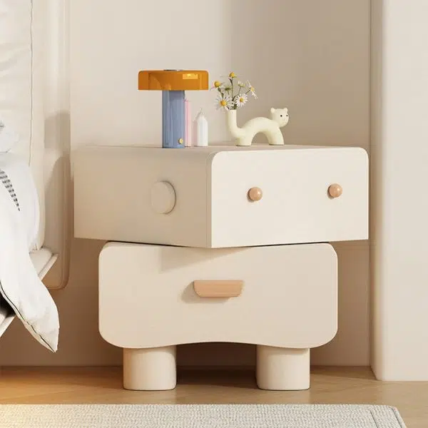 Contemporary Creative Faux Leather Solid Wood Curved Square Nightstand 2-Drawer For Bedroom - Image 15