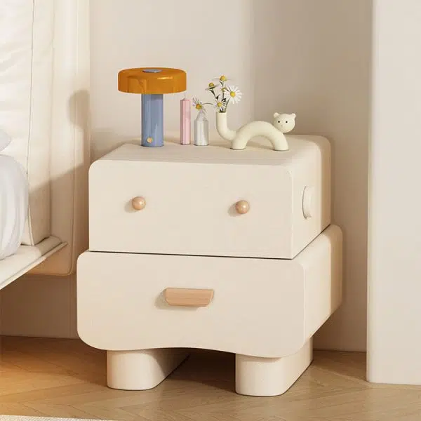 Contemporary Creative Faux Leather Solid Wood Curved Square Nightstand 2-Drawer For Bedroom - Image 2