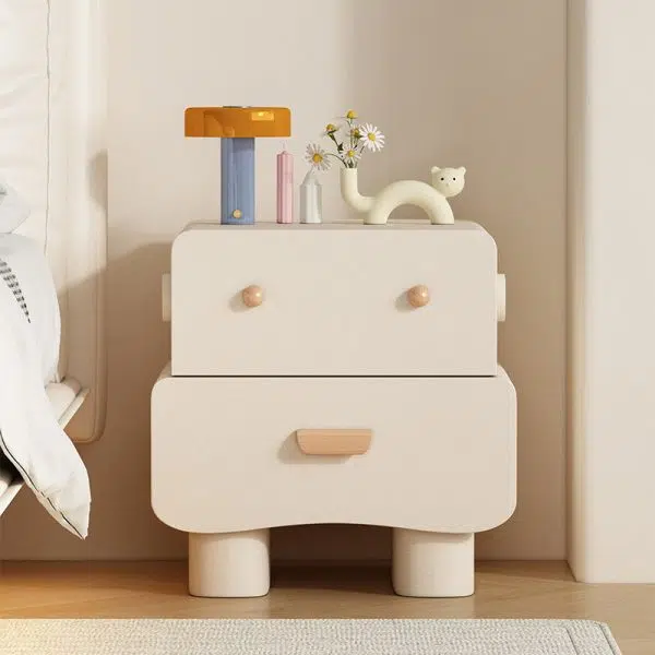 Contemporary Creative Faux Leather Solid Wood Curved Square Nightstand 2-Drawer For Bedroom - Image 10