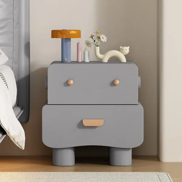 Contemporary Creative Faux Leather Solid Wood Curved Square Nightstand 2-Drawer For Bedroom - Image 12