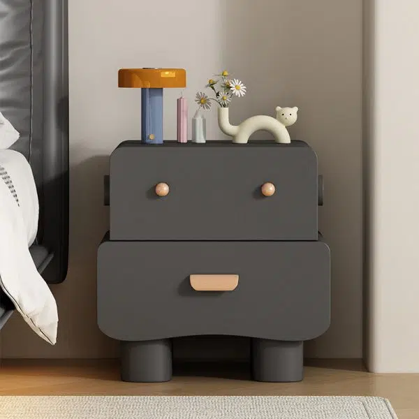 Contemporary Creative Faux Leather Solid Wood Curved Square Nightstand 2-Drawer For Bedroom - Image 13