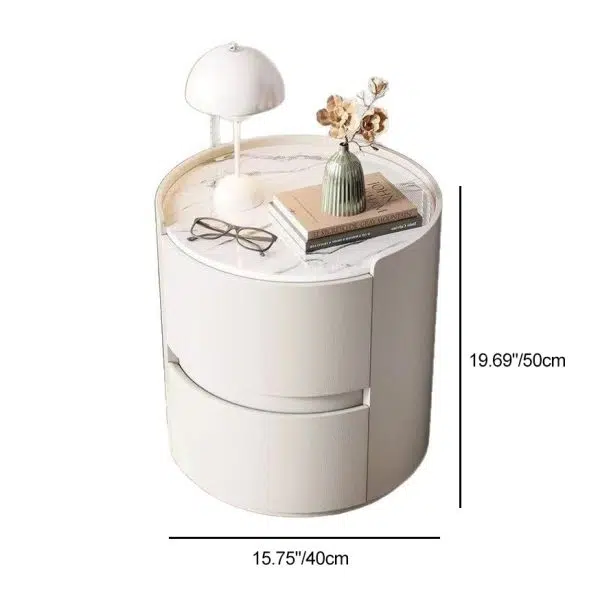 Contemporary Scandinavian Faux Leather Solid Wood Cylindrical Round Nightstand 2-Drawer For Bedroom - Image 4