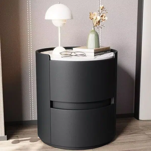 Contemporary Scandinavian Faux Leather Solid Wood Cylindrical Round Nightstand 2-Drawer For Bedroom