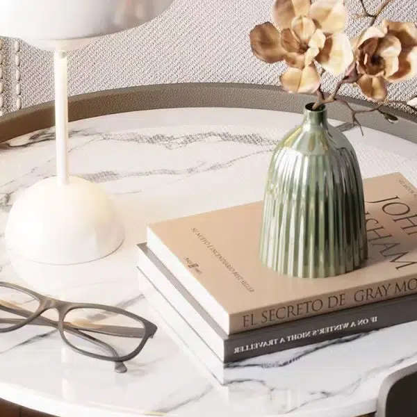 Contemporary Scandinavian Faux Leather Solid Wood Cylindrical Round Nightstand 2-Drawer For Bedroom - Image 7