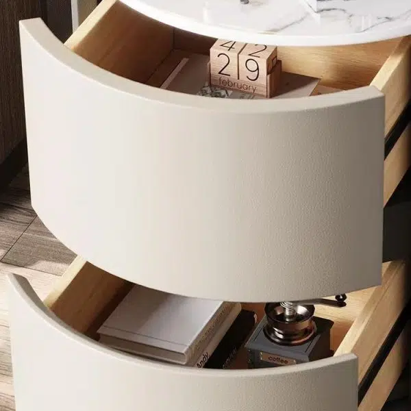 Contemporary Scandinavian Faux Leather Solid Wood Cylindrical Round Nightstand 2-Drawer For Bedroom - Image 8