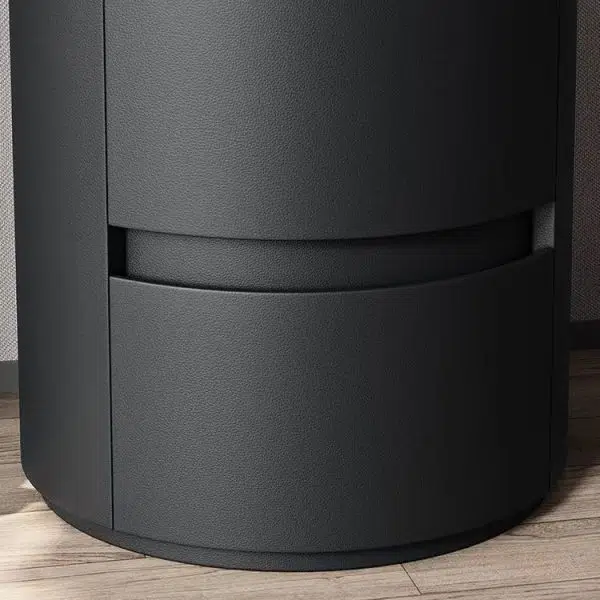 Contemporary Scandinavian Faux Leather Solid Wood Cylindrical Round Nightstand 2-Drawer For Bedroom - Image 11
