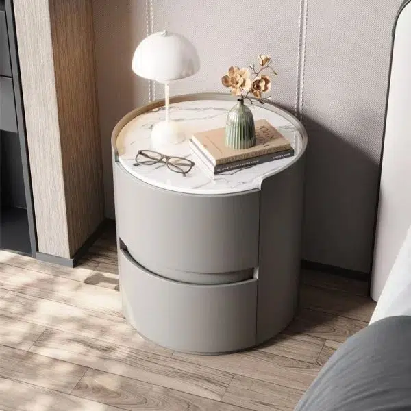 Contemporary Scandinavian Faux Leather Solid Wood Cylindrical Round Nightstand 2-Drawer For Bedroom - Image 2