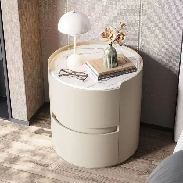 Contemporary Scandinavian Faux Leather Solid Wood Cylindrical Round Nightstand 2-Drawer For Bedroom - Image 9