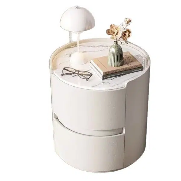 Contemporary Scandinavian Faux Leather Solid Wood Cylindrical Round Nightstand 2-Drawer For Bedroom - Image 15