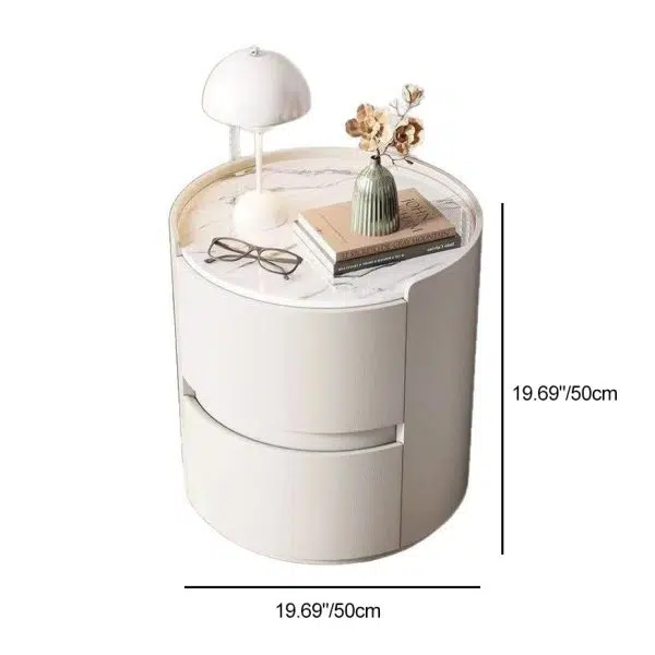 Contemporary Scandinavian Faux Leather Solid Wood Cylindrical Round Nightstand 2-Drawer For Bedroom - Image 5