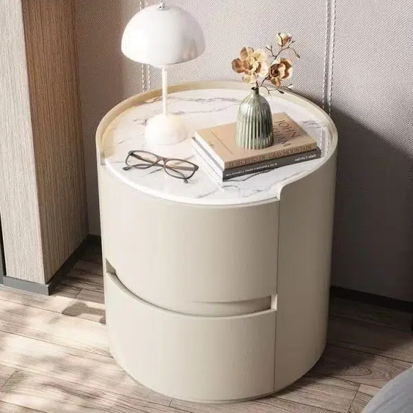 Contemporary Scandinavian Faux Leather Solid Wood Cylindrical Round Nightstand 2-Drawer For Bedroom - Image 12