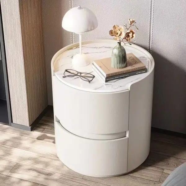 Contemporary Scandinavian Faux Leather Solid Wood Cylindrical Round Nightstand 2-Drawer For Bedroom - Image 13