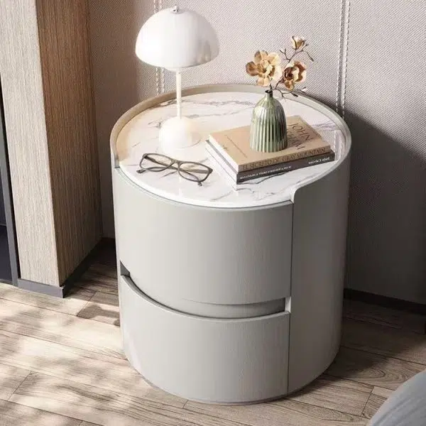 Contemporary Scandinavian Faux Leather Solid Wood Cylindrical Round Nightstand 2-Drawer For Bedroom - Image 14