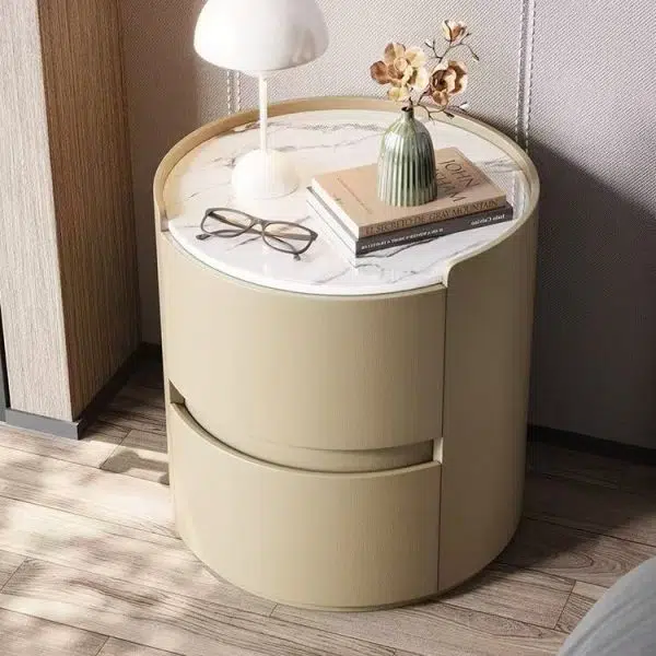 Contemporary Scandinavian Faux Leather Solid Wood Cylindrical Round Nightstand 2-Drawer For Bedroom - Image 3