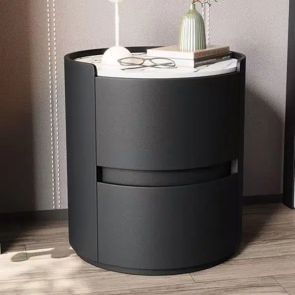 Contemporary Scandinavian Faux Leather Solid Wood Cylindrical Round Nightstand 2-Drawer For Bedroom - Image 10