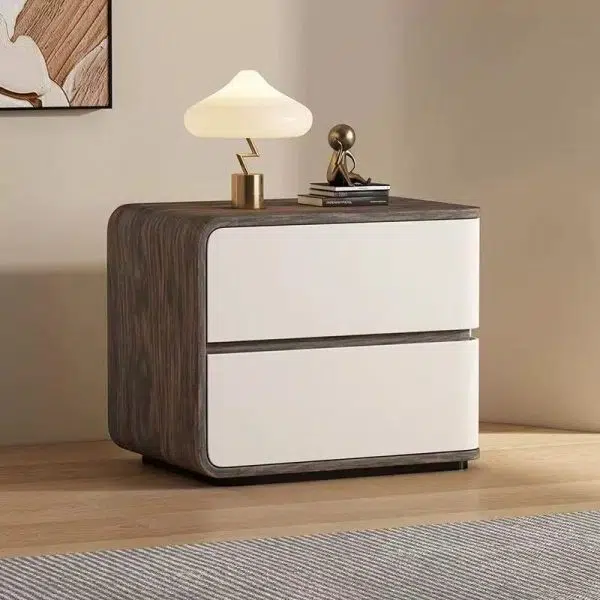 Contemporary Creative Solid Wood Faux Leather Curved Square Nightstand 2-Drawer For Bedroom - Image 11