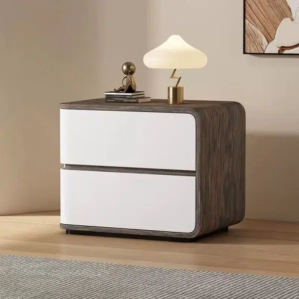 Contemporary Creative Solid Wood Faux Leather Curved Square Nightstand 2-Drawer For Bedroom - Image 12