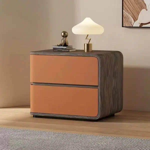 Contemporary Creative Solid Wood Faux Leather Curved Square Nightstand 2-Drawer For Bedroom - Image 13