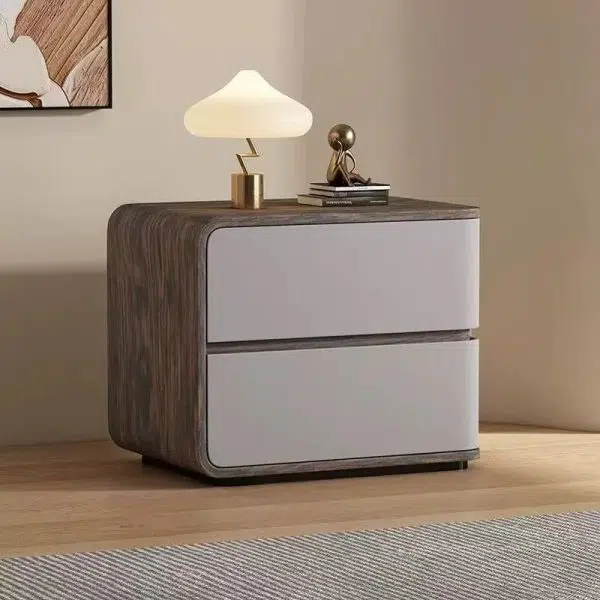 Contemporary Creative Solid Wood Faux Leather Curved Square Nightstand 2-Drawer For Bedroom - Image 14