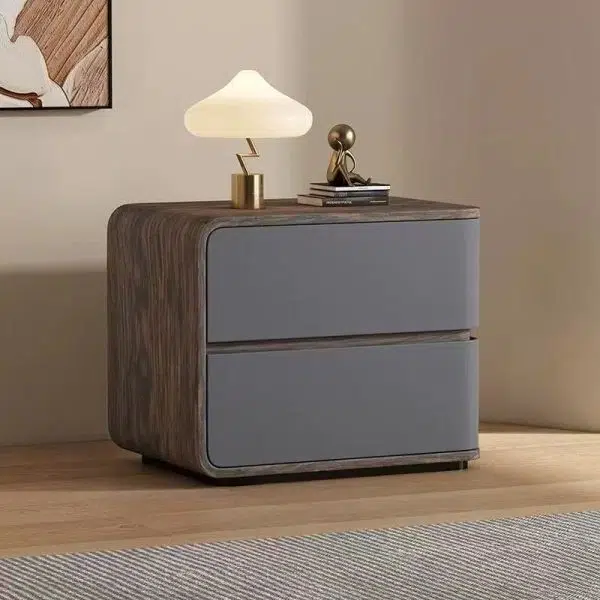 Contemporary Creative Solid Wood Faux Leather Curved Square Nightstand 2-Drawer For Bedroom - Image 15