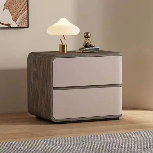 Contemporary Creative Solid Wood Faux Leather Curved Square Nightstand 2-Drawer For Bedroom - Image 16