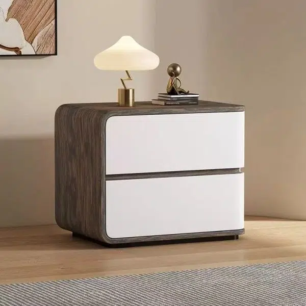 Contemporary Creative Solid Wood Faux Leather Curved Square Nightstand 2-Drawer For Bedroom - Image 17