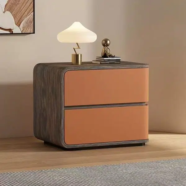 Contemporary Creative Solid Wood Faux Leather Curved Square Nightstand 2-Drawer For Bedroom - Image 18