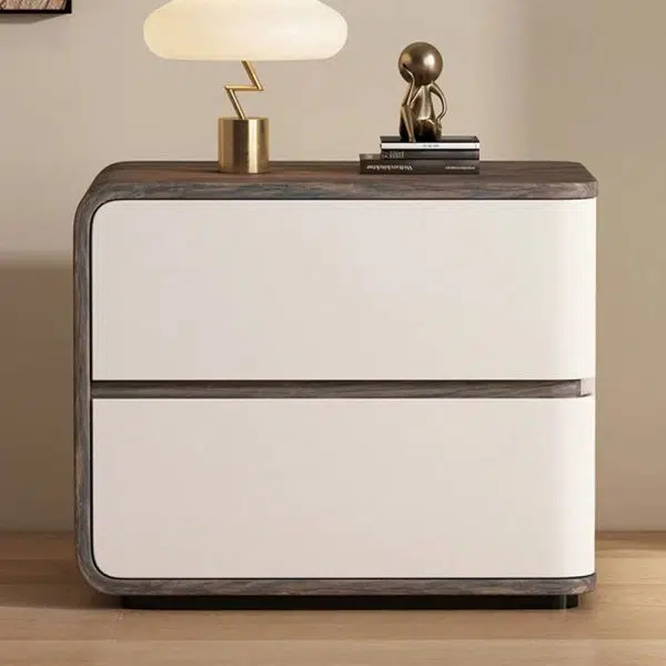 Contemporary Creative Solid Wood Faux Leather Curved Square Nightstand 2-Drawer For Bedroom - Image 23
