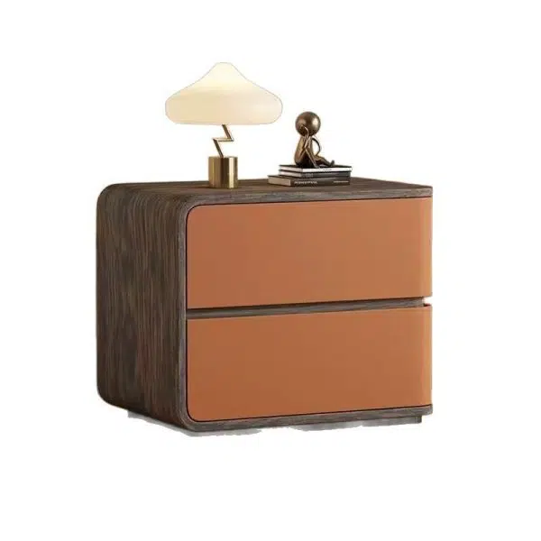 Contemporary Creative Solid Wood Faux Leather Curved Square Nightstand 2-Drawer For Bedroom - Image 24