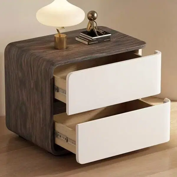 Contemporary Creative Solid Wood Faux Leather Curved Square Nightstand 2-Drawer For Bedroom - Image 19