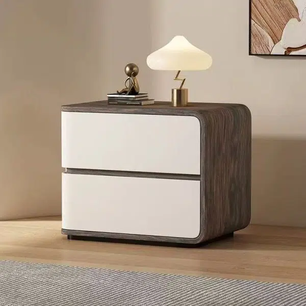 Contemporary Creative Solid Wood Faux Leather Curved Square Nightstand 2-Drawer For Bedroom - Image 2