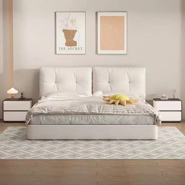 Contemporary Creative Solid Wood Faux Leather Curved Square Nightstand 2-Drawer For Bedroom - Image 3