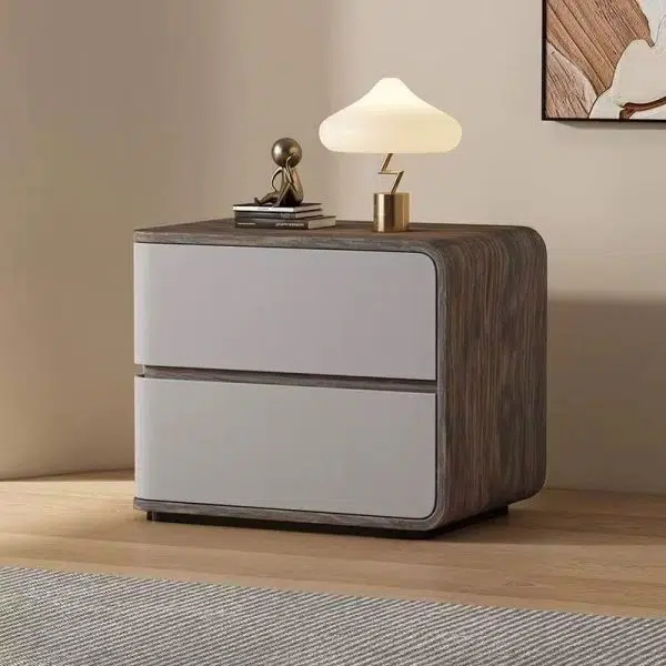 Contemporary Creative Solid Wood Faux Leather Curved Square Nightstand 2-Drawer For Bedroom - Image 20