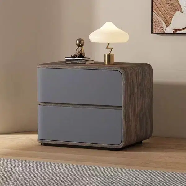 Contemporary Creative Solid Wood Faux Leather Curved Square Nightstand 2-Drawer For Bedroom - Image 21