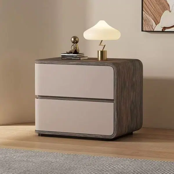 Contemporary Creative Solid Wood Faux Leather Curved Square Nightstand 2-Drawer For Bedroom - Image 22