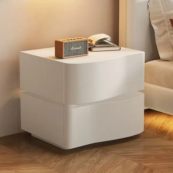 Contemporary Creative Solid Wood Faux Leather Curved Rectangular Nightstand 2-Drawer For Bedroom - Image 7