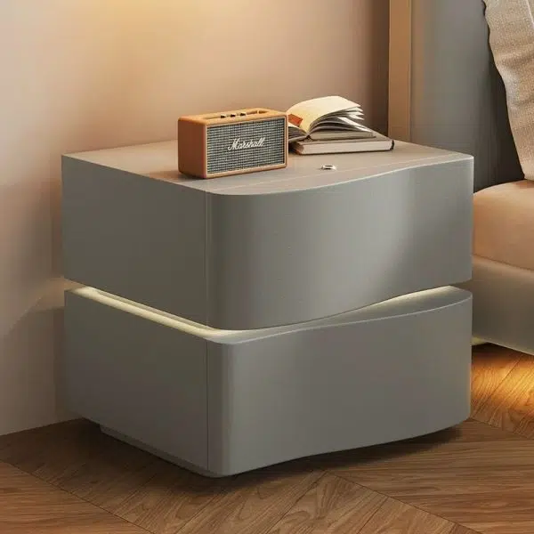 Contemporary Creative Solid Wood Faux Leather Curved Rectangular Nightstand 2-Drawer For Bedroom - Image 11