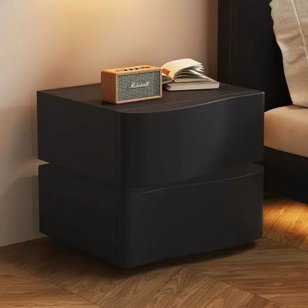 Contemporary Creative Solid Wood Faux Leather Curved Rectangular Nightstand 2-Drawer For Bedroom - Image 9
