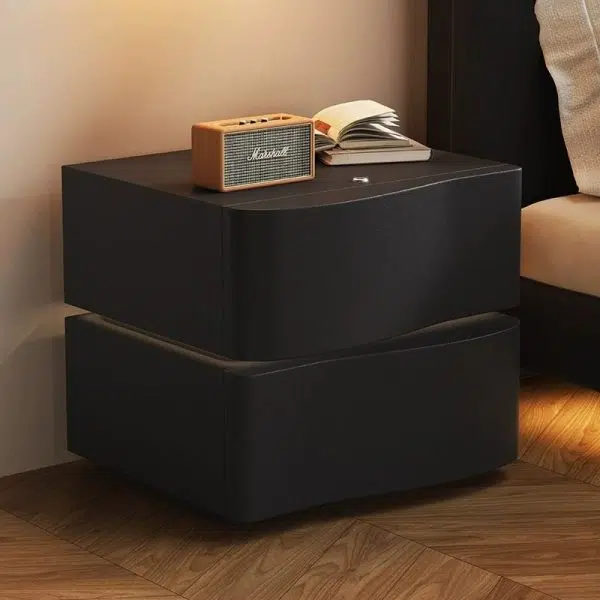 Contemporary Creative Solid Wood Faux Leather Curved Rectangular Nightstand 2-Drawer For Bedroom - Image 3
