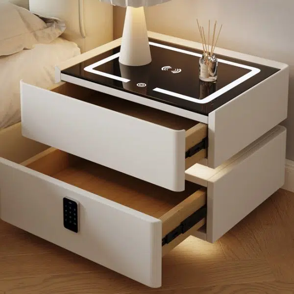 Contemporary Nordic Cube Square Glass Sintered Stone Nightstand 2 - Drawer For Bedroom - Image 8