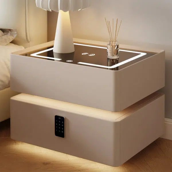 Contemporary Nordic Cube Square Glass Sintered Stone Nightstand 2 - Drawer For Bedroom - Image 10