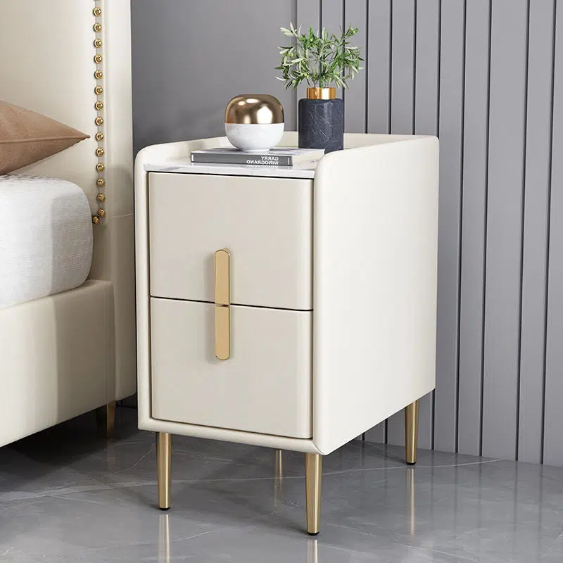 DFM-Table-FA00236-10.jpg Contemporary Nordic Pine Leather Sintered Stone Nightstand 2 - Drawer For Bedroom - Image 1