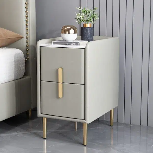 Contemporary Nordic Pine Leather Sintered Stone Nightstand 2 - Drawer For Bedroom - Image 18
