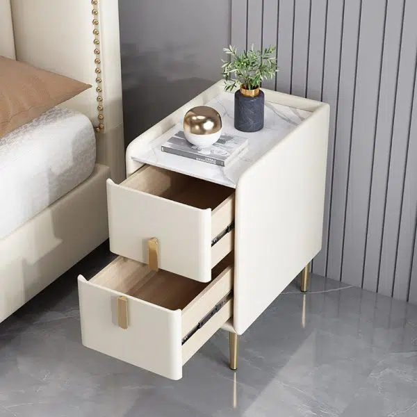 Contemporary Nordic Pine Leather Sintered Stone Nightstand 2 - Drawer For Bedroom - Image 19