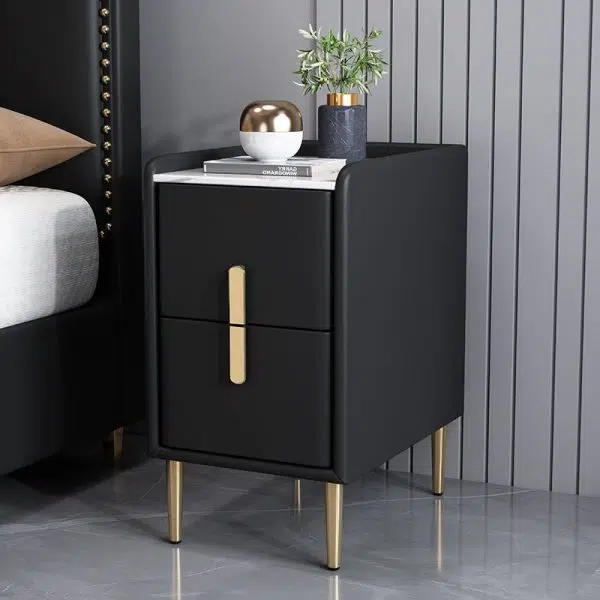 Contemporary Nordic Pine Leather Sintered Stone Nightstand 2 - Drawer For Bedroom - Image 3