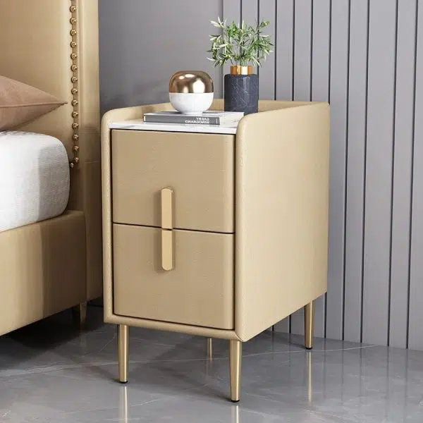 Contemporary Nordic Pine Leather Sintered Stone Nightstand 2 - Drawer For Bedroom - Image 10