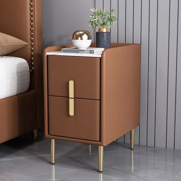 Contemporary Nordic Pine Leather Sintered Stone Nightstand 2 - Drawer For Bedroom - Image 11