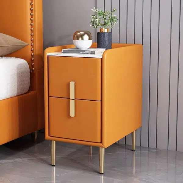 Contemporary Nordic Pine Leather Sintered Stone Nightstand 2 - Drawer For Bedroom - Image 13